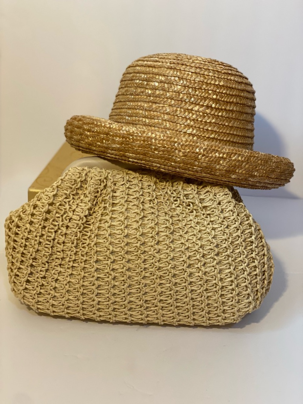 Woven Straw Clutch Bag with Chain Strap and Raffia Bowler Hat With Rolled Brim - Picture 2 of 9